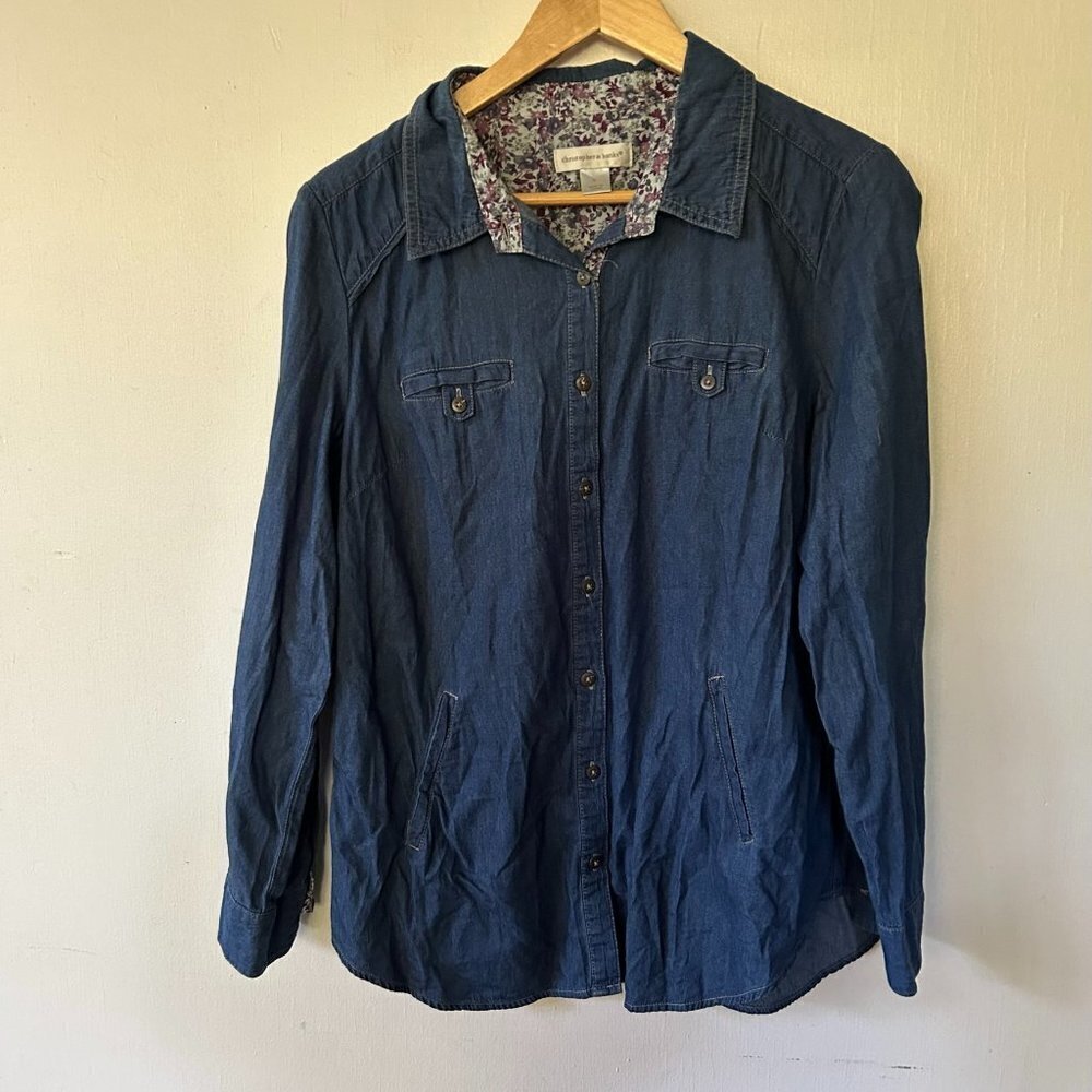 Christopher & Banks Chambray Blouse Womens‎ Large Button Front Collared Shacket